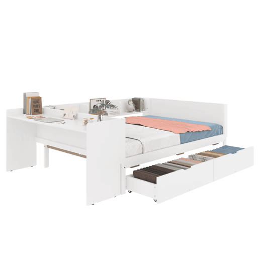 Cama de madeira 140x200cm - com secretária, 2 gavetas, prateleiras, sem colchão - branca