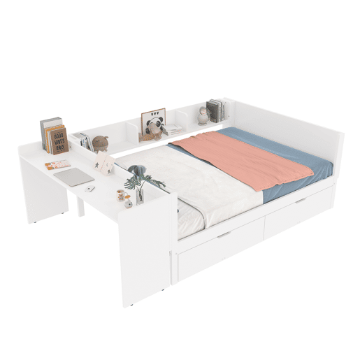 Cama de madeira 140x200cm - com secretária, 2 gavetas, prateleiras, sem colchão - branca