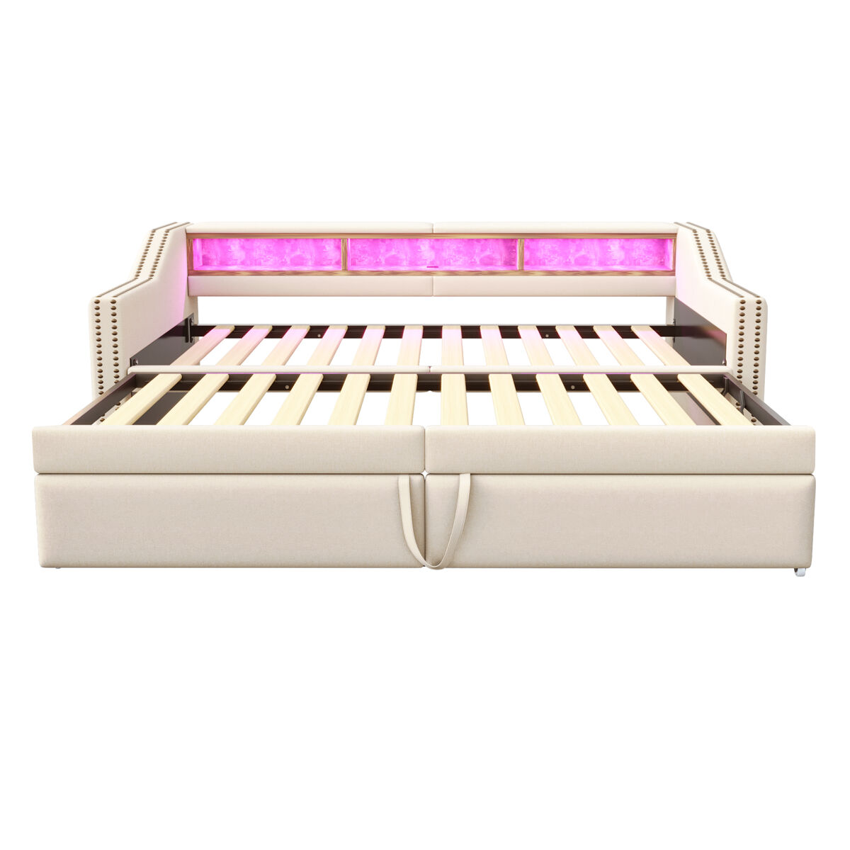Sofá cama extensible 90/180 x 200 cm - multifuncional con almacenamiento, luz led y puerto usb, con somier, beige