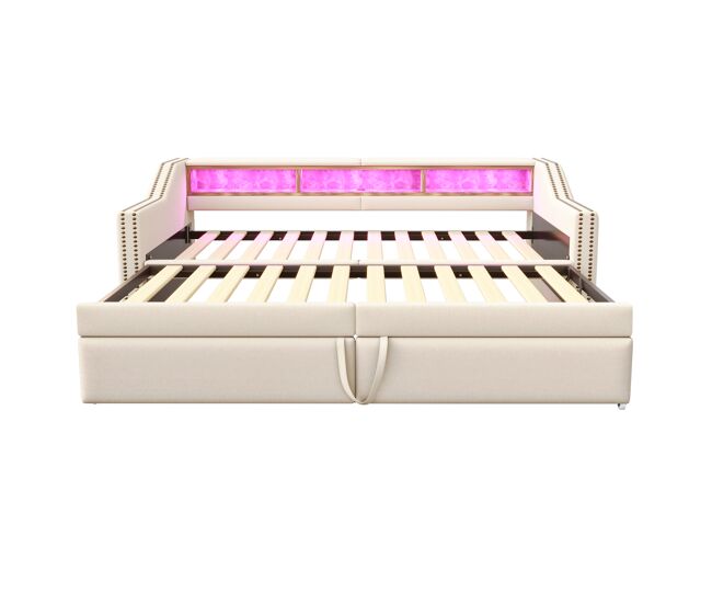 Sofá cama extensible 90/180 x 200 cm - multifuncional con almacenamiento, luz led y puerto usb, con somier, beige