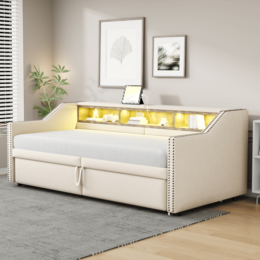 Sofá-cama extensível 90180 x 200 cm - Multifuncional com arrumação, luz LED e porta USB, com estrado, bege