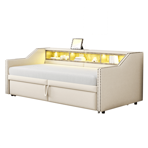 Sofá-cama extensível 90180 x 200 cm - Multifuncional com arrumação, luz LED e porta USB, com estrado, bege