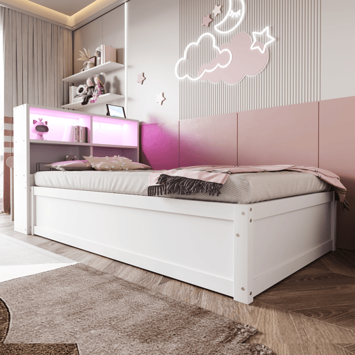 Sofá-cama 90*200 - Com várias tomadas, vários compartimentos de arrumação, faixa de luz, cama hidráulica, cama de madeira maciça, cama individual, cama multifuncional de madeira - Branco