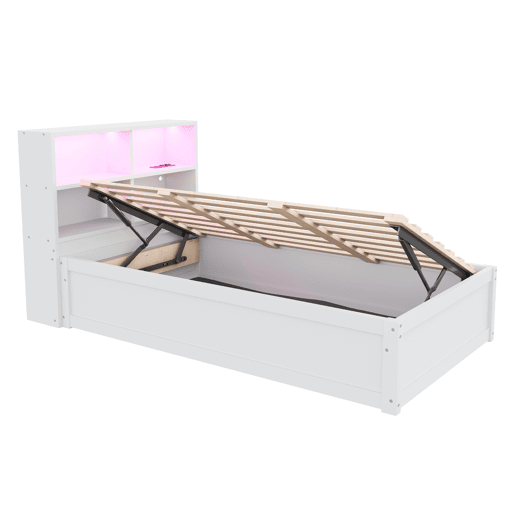 Sofá-cama 90*200 - Com várias tomadas, vários compartimentos de arrumação, faixa de luz, cama hidráulica, cama de madeira maciça, cama individual, cama multifuncional de madeira - Branco