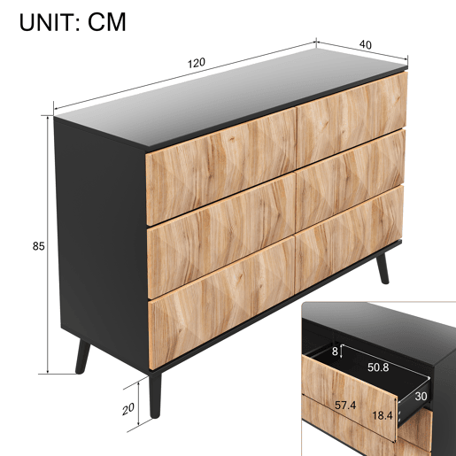 Cômoda dupla de mdf com 6 gavetas,preto+natural Cômoda dupla de mdf com 6 gavetas,preto+natural