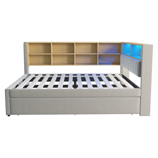 Sofá-cama 140x200 - Cama extensível 90x190, com luzes LED, tomadas e compartimentos de arrumação, sofá multifuncional, cama individual, flanela, cinzento claro.