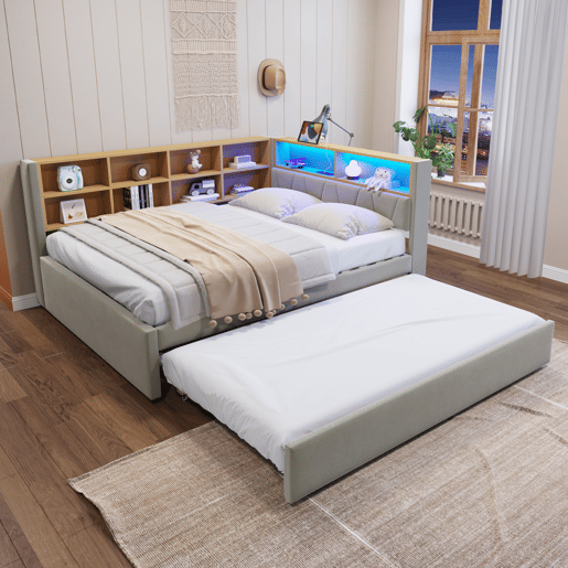 Sofá-cama 140x200 - Cama extensível 90x190, com luzes LED, tomadas e compartimentos de arrumação, sofá multifuncional, cama individual, flanela, cinzento claro.