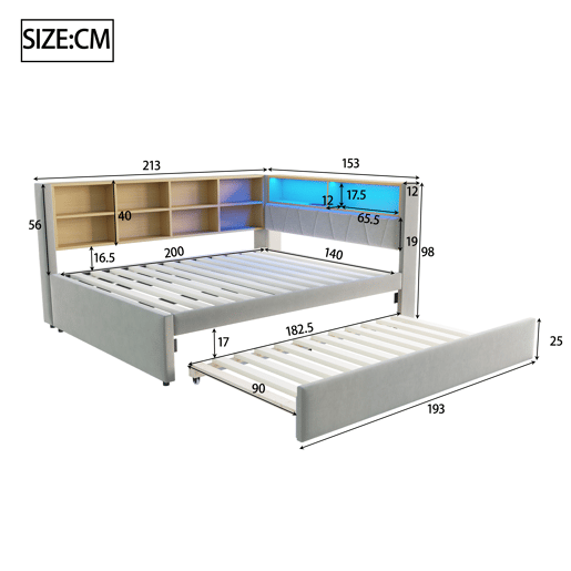 Sofá-cama 140x200 - Cama extensível 90x190, com luzes LED, tomadas e compartimentos de arrumação, sofá multifuncional, cama individual, flanela, cinzento claro.