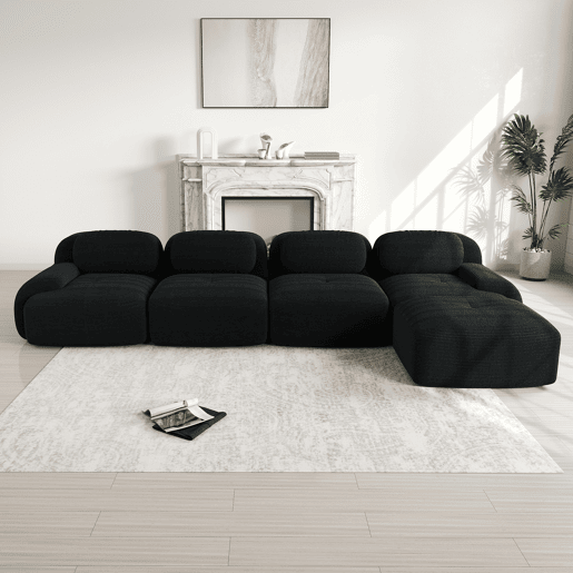 Sofá de canto para 4 pessoas - Espuma de alta elasticidade 32D, antiderrapante, com chaise longue, braços extra largos, combinável sem montagem - Preto