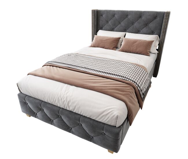 Cama tapizada 90*200 - cabecero acolchado con botones y tachuelas, patas de madera - gris