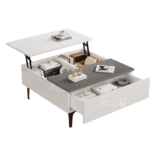 Mesa de café elevável 707035 cm - Mesa de sala com arrumação oculta e prateleiras, secretária com LED, mesa com gavetas - Branco