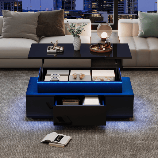 Mesa de centro 96x45x40 cm - Mesa de café elevável com arrumação oculta e gaveta - Preto Mesa de centro 96x45x40 cm - Mesa de café elevável com arrumação oculta e gaveta - Preto