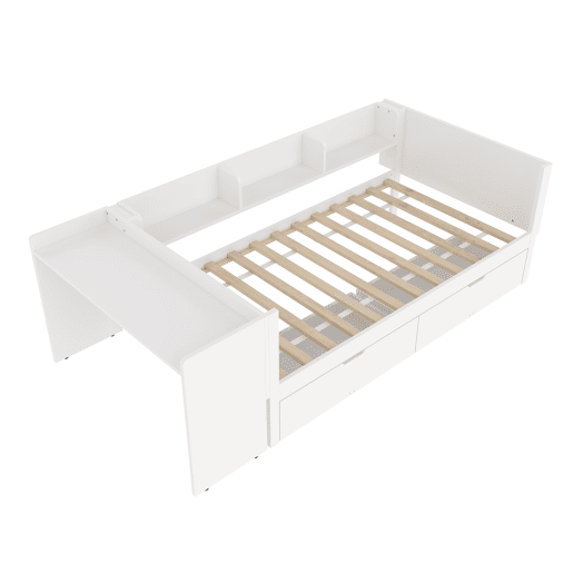 Cama individual 90x200cm - Com secretária, 2 gavetas, prateleiras - Branco