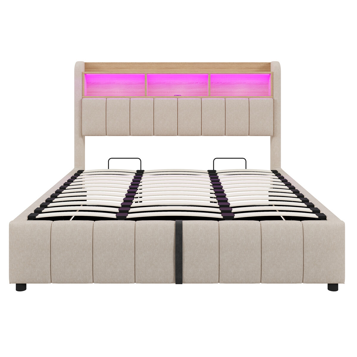 Cama tapizada 180*200 cm - con iluminación led, toma usb, cabecero con estantes y almacenamiento, con hidráulico para almacenamiento - beige