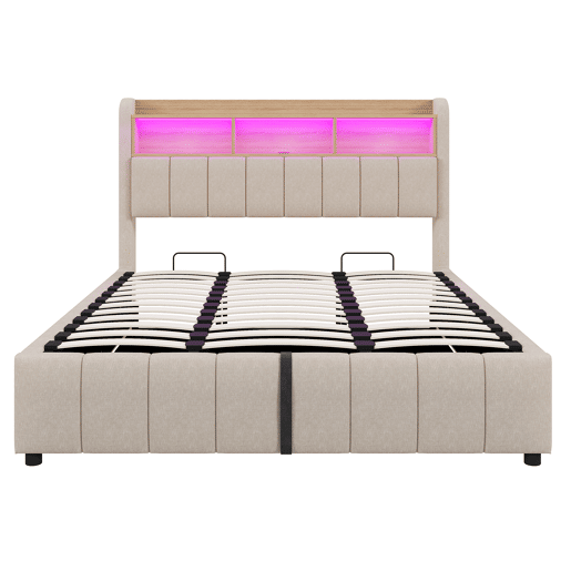 Cama estofada 180*200 cm - Com iluminação LED, tomada USB, cabeceira com prateleiras e arrumação, com sistema hidráulico para arrumação - Bege Cama estofada 180*200 cm - Com iluminação LED, tomada USB, cabeceira com prateleiras e arrumação, com sistema hidráulico para arrumação - Bege