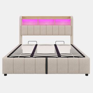 Cama estofada 180*200 cm - Com iluminação LED, tomada USB, cabeceira com prateleiras e arrumação, com sistema hidráulico para arrumação - Bege