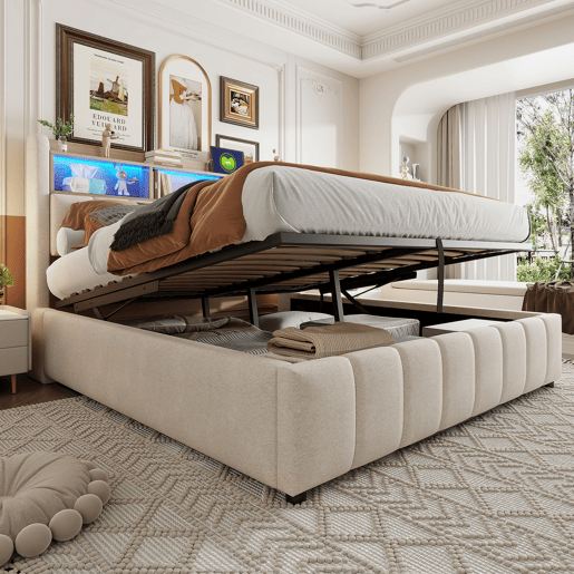 Cama estofada 180*200 cm - Com iluminação LED, tomada USB, cabeceira com prateleiras e arrumação, com sistema hidráulico para arrumação - Bege Cama estofada 180*200 cm - Com iluminação LED, tomada USB, cabeceira com prateleiras e arrumação, com sistema hidráulico para arrumação - Bege