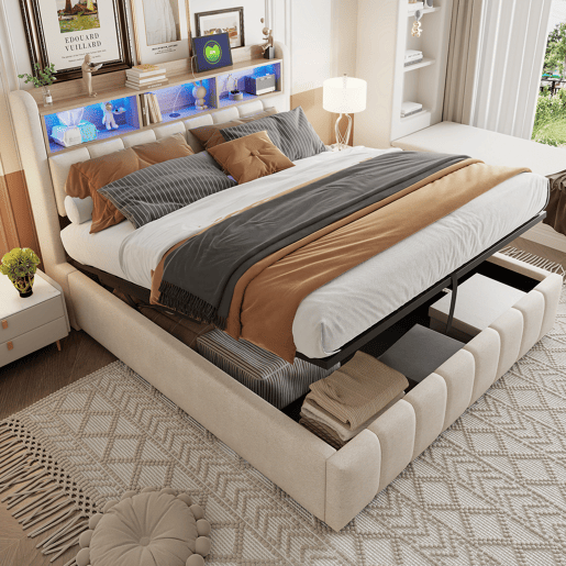 Cama estofada 180*200 cm - Com iluminação LED, tomada USB, cabeceira com prateleiras e arrumação, com sistema hidráulico para arrumação - Bege Cama estofada 180*200 cm - Com iluminação LED, tomada USB, cabeceira com prateleiras e arrumação, com sistema hidráulico para arrumação - Bege