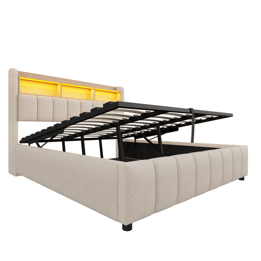 Cama estofada 180*200 cm - Com iluminação LED, tomada USB, cabeceira com prateleiras e arrumação, com sistema hidráulico para arrumação - Bege Cama estofada 180*200 cm - Com iluminação LED, tomada USB, cabeceira com prateleiras e arrumação, com sistema hidráulico para arrumação - Bege