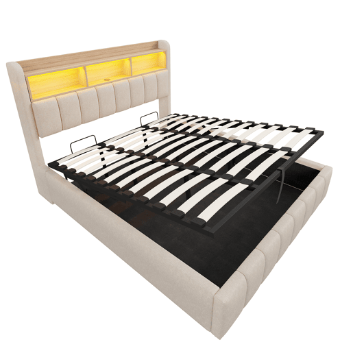 Cama estofada 180*200 cm - Com iluminação LED, tomada USB, cabeceira com prateleiras e arrumação, com sistema hidráulico para arrumação - Bege Cama estofada 180*200 cm - Com iluminação LED, tomada USB, cabeceira com prateleiras e arrumação, com sistema hidráulico para arrumação - Bege