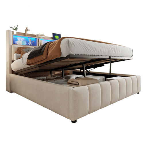 Cama estofada 180*200 cm - Com iluminação LED, tomada USB, cabeceira com prateleiras e arrumação, com sistema hidráulico para arrumação - Bege Cama estofada 180*200 cm - Com iluminação LED, tomada USB, cabeceira com prateleiras e arrumação, com sistema hidráulico para arrumação - Bege