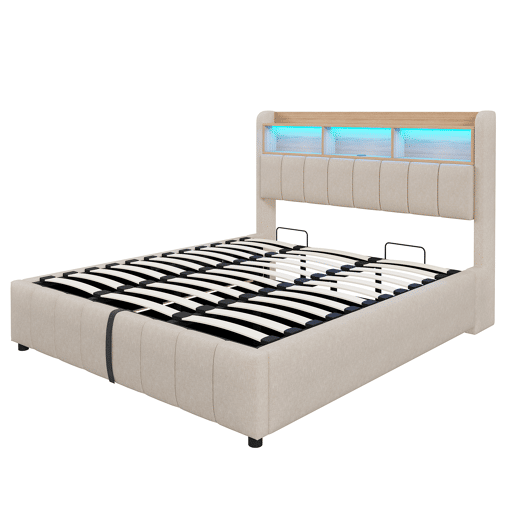 Cama estofada 180*200 cm - Com iluminação LED, tomada USB, cabeceira com prateleiras e arrumação, com sistema hidráulico para arrumação - Bege Cama estofada 180*200 cm - Com iluminação LED, tomada USB, cabeceira com prateleiras e arrumação, com sistema hidráulico para arrumação - Bege