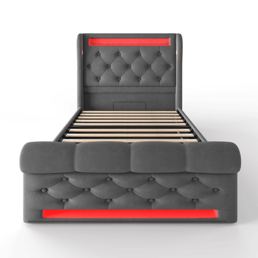 Cama individual 90x200cm - Cama estofada com luzes LED, cabeceira com arrumação e portas USB e Type-C, cama hidráulica, cinzento, veludo