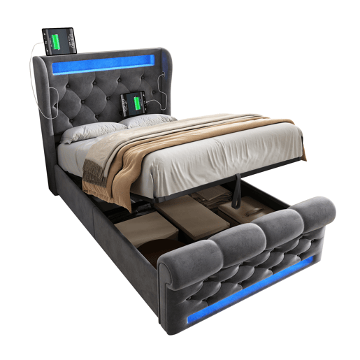 Cama individual 90x200cm - Cama estofada com luzes LED, cabeceira com arrumação e portas USB e Type-C, cama hidráulica, cinzento, veludo