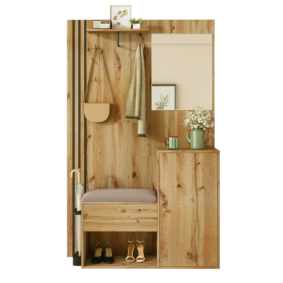 Mueble recibidor con zapatero y espejo