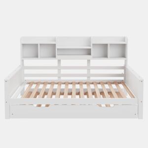 Sofá-cama extensível 90200 cm - Com cama extraível 90190 cm, com compartimento de arrumação e estrado, cama multifuncional em pinho, cama individual, Branco