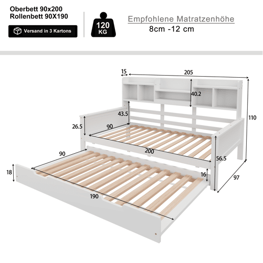 Sofá-cama extensível 90200 cm - Com cama extraível 90190 cm, com compartimento de arrumação e estrado, cama multifuncional em pinho, cama individual, Branco