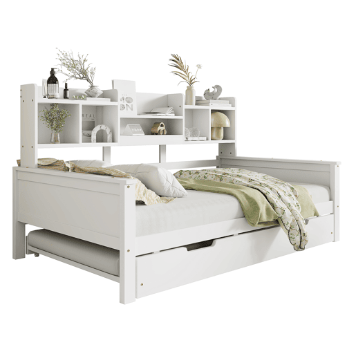 Sofá-cama extensível 90200 cm - Com cama extraível 90190 cm, com compartimento de arrumação e estrado, cama multifuncional em pinho, cama individual, Branco