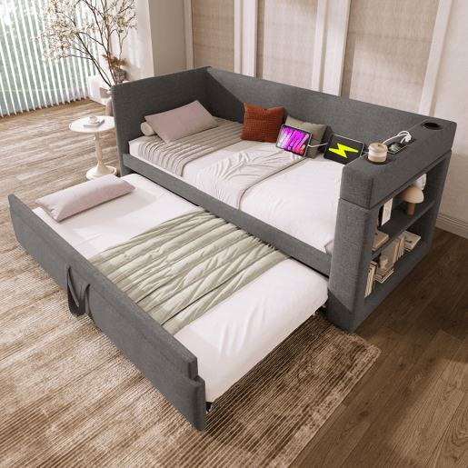 Sofá-cama 90x190 cm - Sofá individual com cama extraível, braços com portas USB e Type-C, porta-copos, tecido misto de linho - Cinza