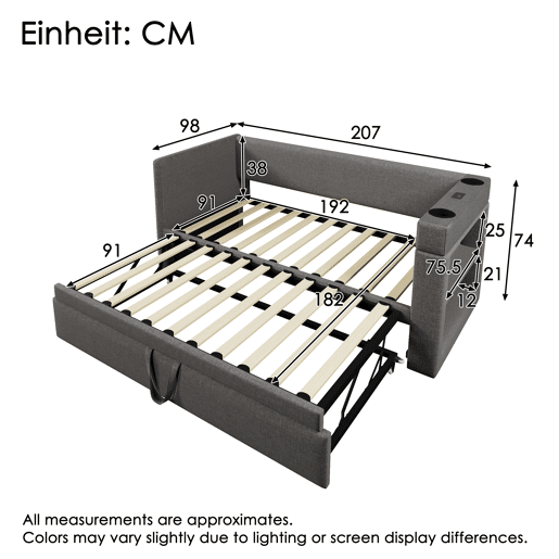 Sofá-cama 90x190 cm - Sofá individual com cama extraível, braços com portas USB e Type-C, porta-copos, tecido misto de linho - Cinza