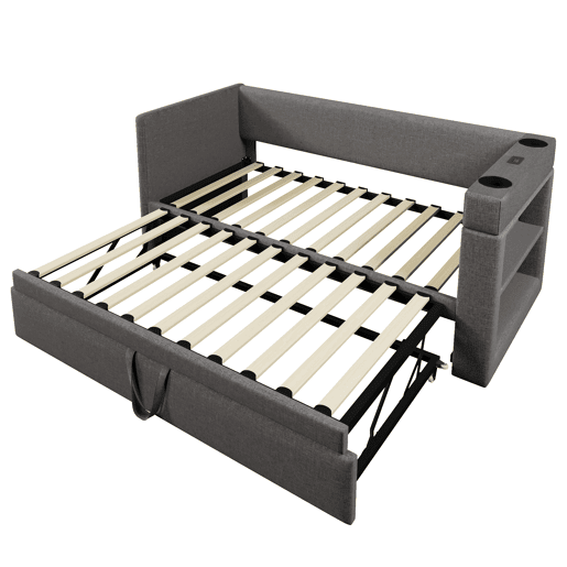 Sofá-cama 90x190 cm - Sofá individual com cama extraível, braços com portas USB e Type-C, porta-copos, tecido misto de linho - Cinza