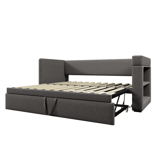 Sofá-cama 90x190 cm - Sofá individual com cama extraível, braços com portas USB e Type-C, porta-copos, tecido misto de linho - Cinza