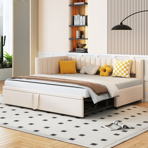 Sofá-cama multifuncional 90180*200 cm - Cama extensível, design compacto, para crianças e hóspedes - Bege