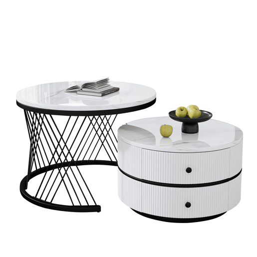 Conjunto de mesas de centro empilháveis 60x60x46cm e 50x50x31cm - Tampos redondos com acabamento efeito mármore, 2 gavetas - Branco