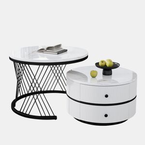 Conjunto de mesas de centro empilháveis 60x60x46cm e 50x50x31cm - Tampos redondos com acabamento efeito mármore, 2 gavetas - Branco