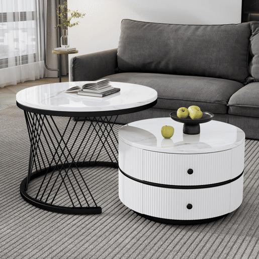 Conjunto de mesas de centro empilháveis 60x60x46cm e 50x50x31cm - Tampos redondos com acabamento efeito mármore, 2 gavetas - Branco