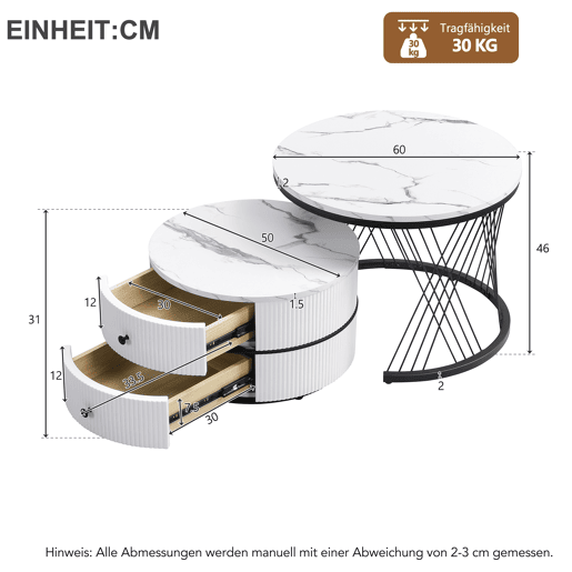 Conjunto de mesas de centro empilháveis 60x60x46cm e 50x50x31cm - Tampos redondos com acabamento efeito mármore, 2 gavetas - Branco