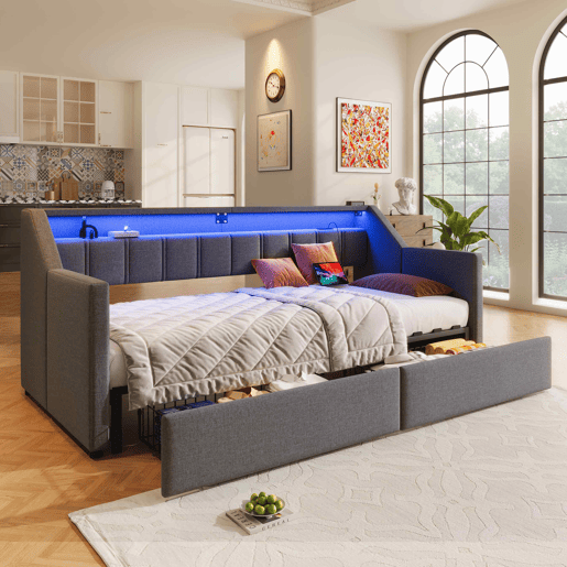 Sofá-cama, 90x200 cm - Com USB e Type-C, LED com comando remoto, 2 gavetas, bolsas de armazenamento - Cinza