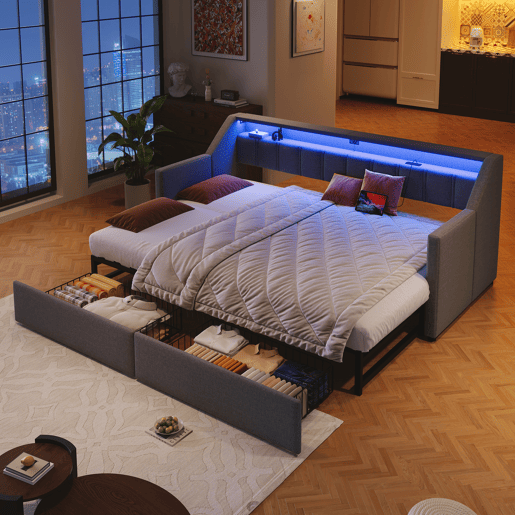 Sofá-cama, 90x200 cm - Com USB e Type-C, LED com comando remoto, 2 gavetas, bolsas de armazenamento - Cinza