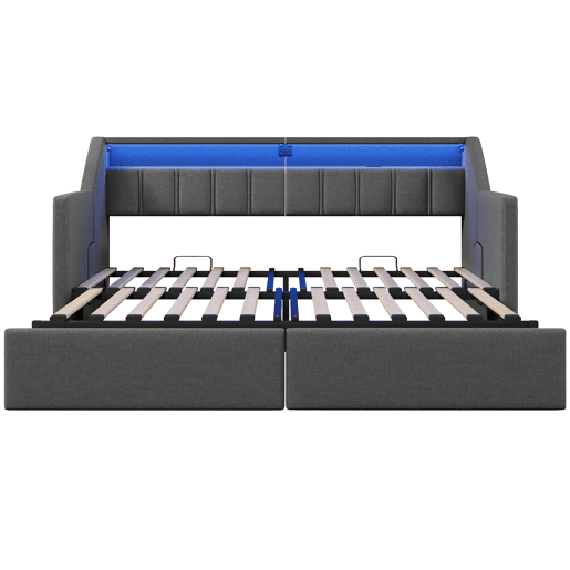 Sofá-cama, 90x200 cm - Com USB e Type-C, LED com comando remoto, 2 gavetas, bolsas de armazenamento - Cinza
