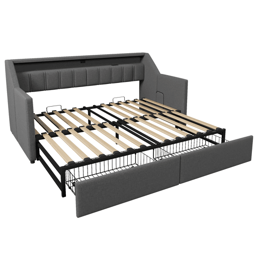 Sofá-cama, 90x200 cm - Com USB e Type-C, LED com comando remoto, 2 gavetas, bolsas de armazenamento - Cinza
