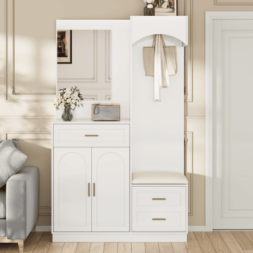 Móvel de entrada de mdf com sapateira e espelho,branco Móvel de entrada de mdf com sapateira e espelho,branco