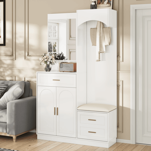 Móvel de entrada de mdf com sapateira e espelho,branco Móvel de entrada de mdf com sapateira e espelho,branco