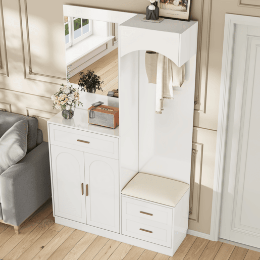 Móvel de entrada de mdf com sapateira e espelho,branco Móvel de entrada de mdf com sapateira e espelho,branco