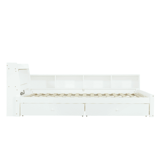 Cama de casal 140x200 - cabeceira com prateleira e 2 luzes, porta de carregamento, armários e gavetas laterais - Branco