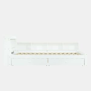 Cama de casal 140x200 - cabeceira com prateleira e 2 luzes, porta de carregamento, armários e gavetas laterais - Branco